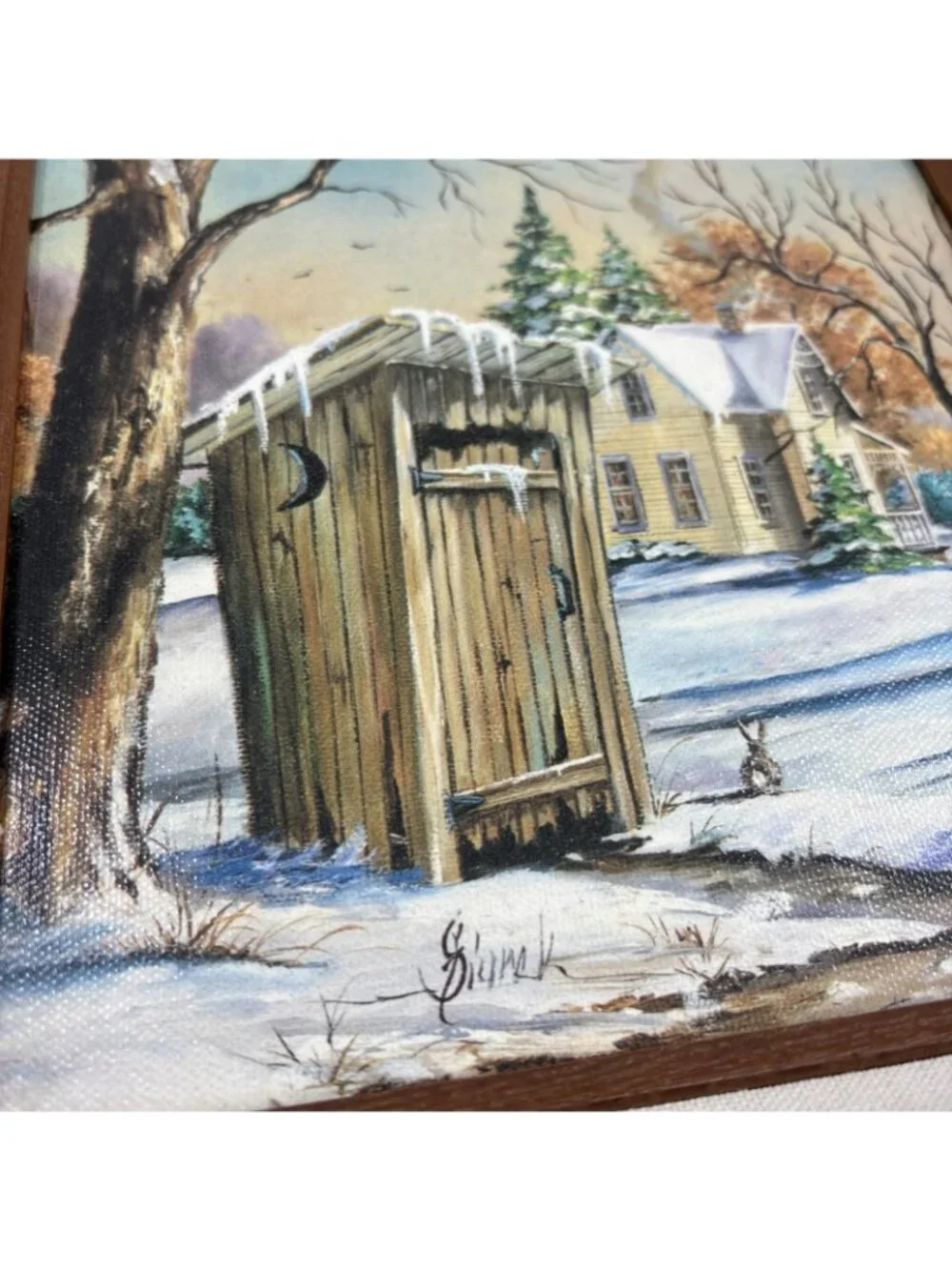 Framed Lithograph Painting Rustic Winter Scene Outhouse Farmhouse Cottagecore